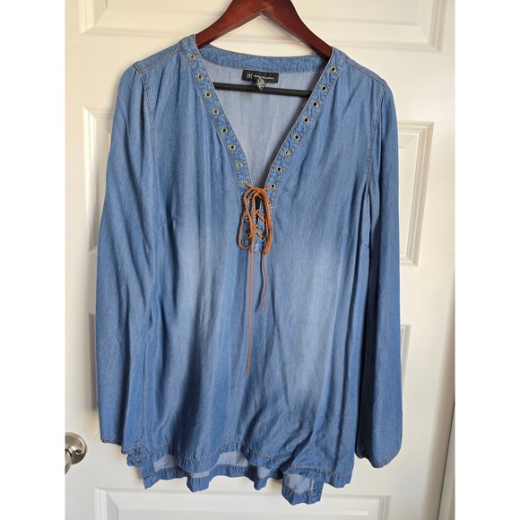 INC International Concepts Tops - INC International Concepts Blue Chambray Lace Up Tunic Blouse Grommet Top Size 8